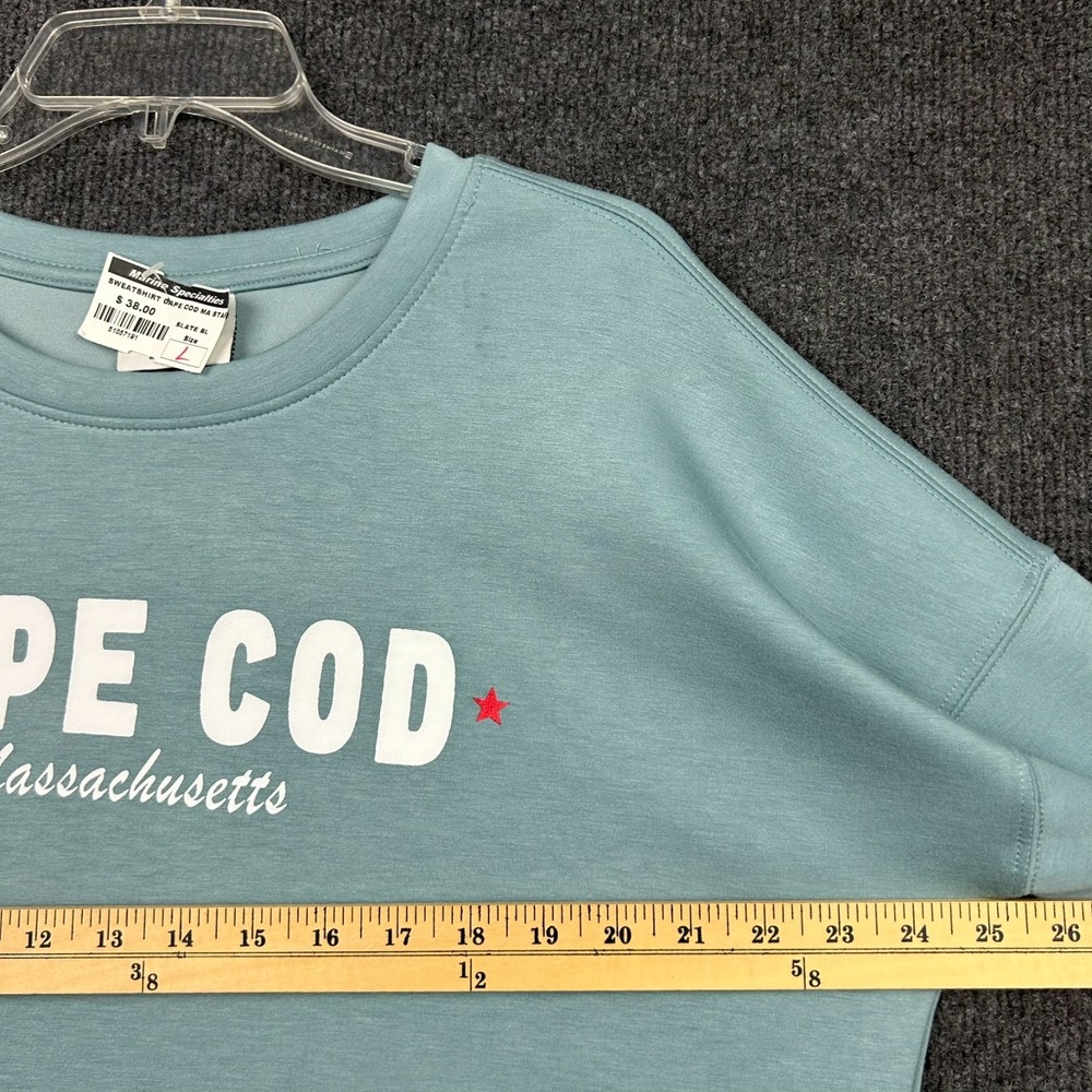 ALL CLOUD Cape Cod Mass. Large Long Sleeve Crop Sweater Slate Blue Beach Coastal - Picture 11 of 13
